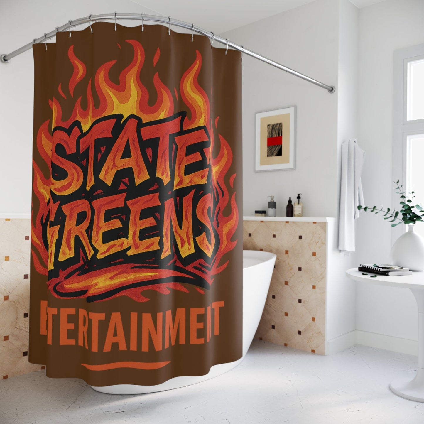 Bold Flame Shower Curtain with State Greens Entertainment Design, Bathroom Decor, Gift for Gamers, Unique Home Accessories, Fun Art.