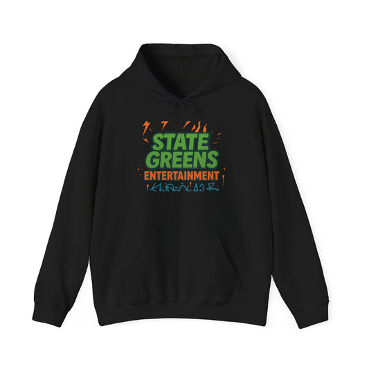 Urban Graphic Hoodie for Music Lovers, Unisex Sweatshirt, State Greens Entertainment Apparel, Cozy Streetwear Gift, Ideal for Concerts,