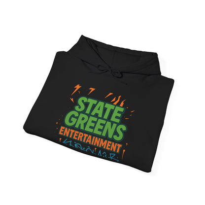 Urban Graphic Hoodie for Music Lovers, Unisex Sweatshirt, State Greens Entertainment Apparel, Cozy Streetwear Gift, Ideal for Concerts,